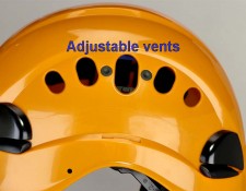 Orange climbing helmet with adjustable vents