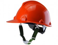 Orange hard hat with chin strap