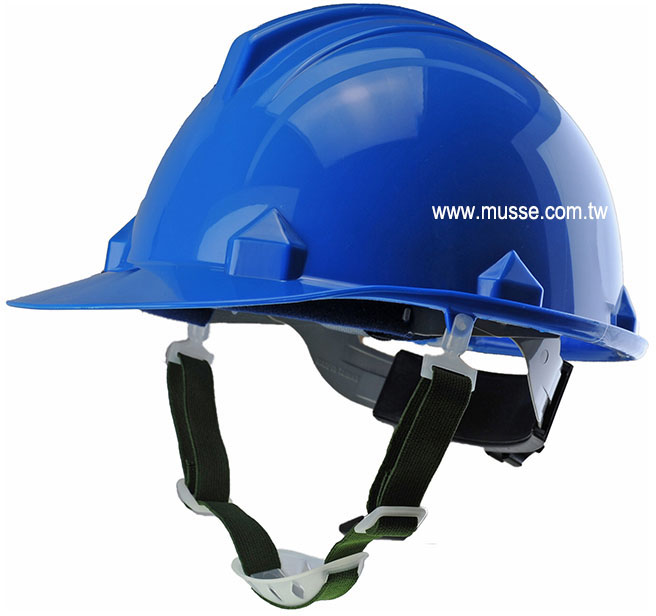 Blue hard hat with chin strap
