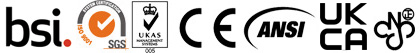 MUSSE PPE certification logos - BSI, SGS, CE, ANSI, UKCA