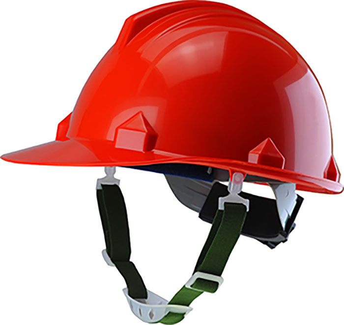 Red hard hat with chin strap