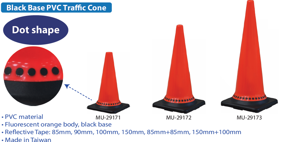 36 inch 90 cm Dot Shape Black Base Road Traffic Cones Supplier form Taiwan