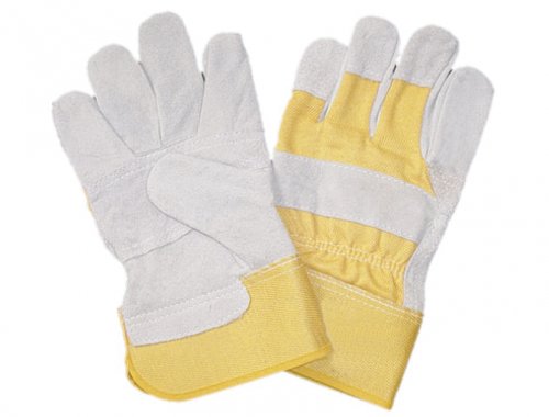 10.5-Inch Natural Cow Split Leather Gloves | Yellow Rubberized Cuff